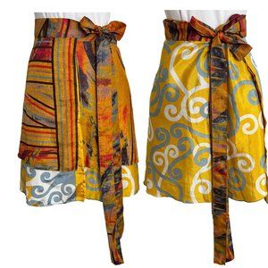 Reversible Wrap Skirt Double Layer One Size Bohemian Geometric Yellow Blue